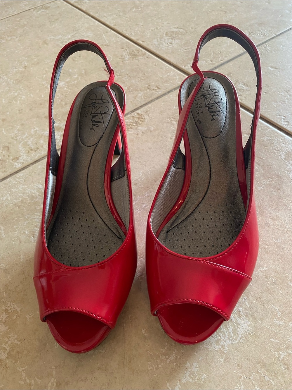 Life Stride Red Patent Slingback Peep-Toe Heels
